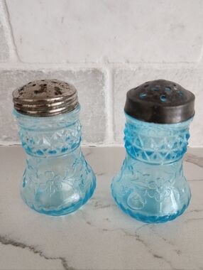 Vintage Blue Pressed Glass Wildflower Salt & Pepper Shakers